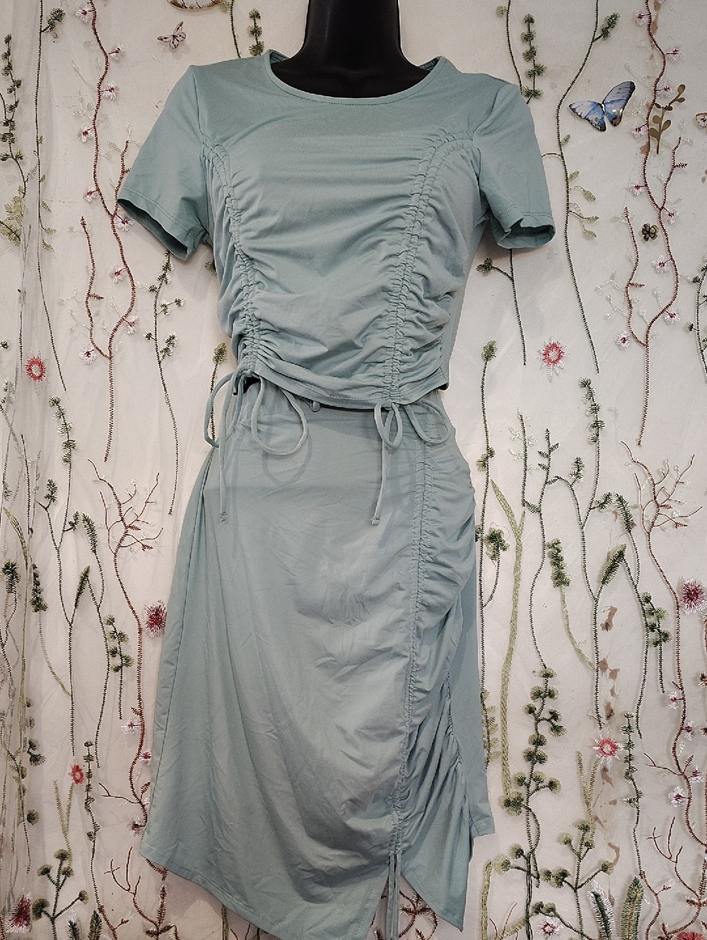 Sage Green Ruched Asymmetrical Women's 2 Piece Crop Top/Skirt Set Adjustable Set